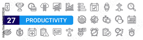 set of 27 thin line productivity icons such as energy drink, visualization, trophy, time is money, lunch break, add event, potential, evaluate, improvement. editable stroke vector illustration