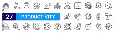 set of 27 thin line productivity icons such as knowledge, copywriter, organised, market research, career choice, ad blocker, microchip, prohibited, coffee break. editable stroke vector illustration