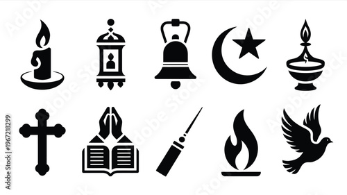 Diverse collection of religious and spiritual symbols representing faith worship and belief systems including candles crosses crescent moon bell dove and prayer hands with open