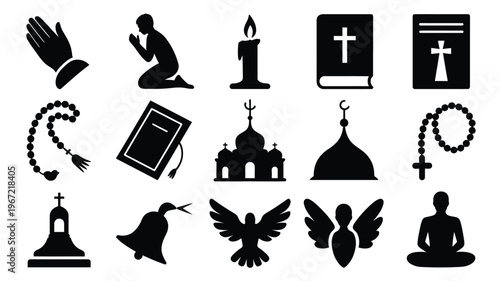 Collection of religious icons and symbols representing prayer faith and spirituality including hands clasped in prayer a person kneeling a lit candle holy books rosaries a dove