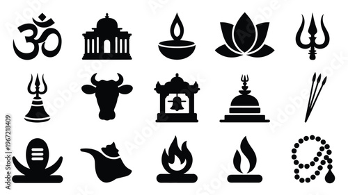 Collection of hindu religious symbols and icons including om temple diya lamp lotus flower trident bell cow stupa arrows lingam flame and mala beads representing spirituality