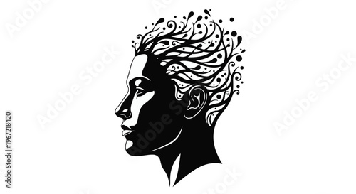 Abstract silhouette of a human head with flowing hair patterns