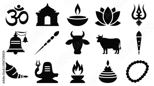 Collection of hindu religious symbols and icons in black silhouette including om temple diya lamp lotus flower trident bell cow and shiva lingam representing spirituality