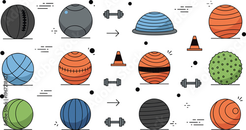 Fitness training equipment icons set with exercise balls dumbbells balance trainer cones and workout gym activity illustration