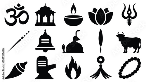 Collection of black hindu religious symbols and icons including om trishul lotus flower ganesha silhouette shiva lingam diya lamp temple cow conch shell bell and mala beads