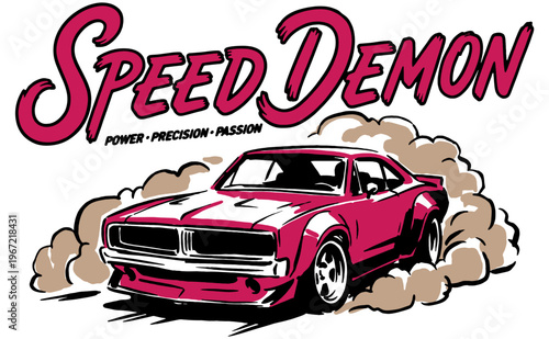 Speed Demon. Drag race graphic print for t-shirt, poster, and stickers. Extreme motor sports design, drifting culture, road speed classic car.