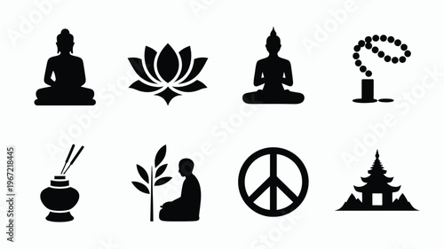 Collection of silhouette icons representing buddhist religion and spirituality buddha figures lotus flower prayer beads incense peace symbol and pagoda architecture symbolizing