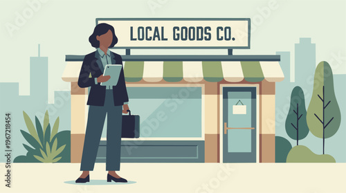 Businesswoman with tablet and briefcase in front of a local goods store