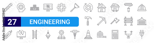 set of 27 thin line engineering icons such as pencil, cutter, think, upgrade, building, ladder, monitor screen, plumb bob, cogwheel. editable stroke vector illustration isolated on white