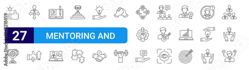 set of 27 thin line mentoring and trining icons such as excellence, award, instructor, motivation, homework, teacher, win, puzzle, ideas. editable stroke vector illustration isolated on white