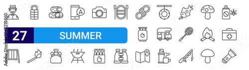 set of 27 thin line summer camping icons such as park ranger, swing, sleeping bag, match, wood, canteen,, grill, camera. editable stroke vector illustration isolated on white