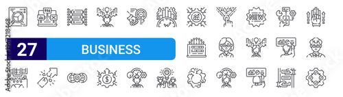set of 27 thin line business disruption icons such as analysis, digitalization, analysis, disruption, big data, devops, start up, business, business impact. editable stroke vector illustration