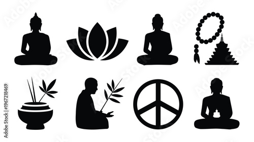 Collection of black silhouette icons representing buddhism and spirituality buddha figures in meditation a lotus flower prayer beads a pagoda a monk with bamboo and a peace symbol