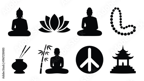 Collection of buddhist religion and meditation icons including meditating figures lotus flower prayer beads incense bamboo peace symbol and pagoda temple representing spirituality