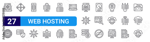 set of 27 thin line web hosting icons such as online server, dns, user, database security, smartphone, cloud connection, speed, password, lock. editable stroke vector illustration isolated on white