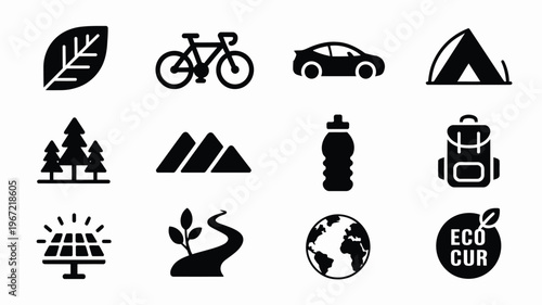 Collection of twelve black eco travel icons representing sustainable tourism outdoor adventure and environmental consciousness including a leaf bicycle electric car tent forest