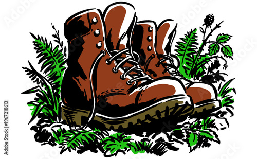 Forest camp artwork. Summer adventure at the mountain graphic artwork. Hiking boots print design. Go outside and explore nature.