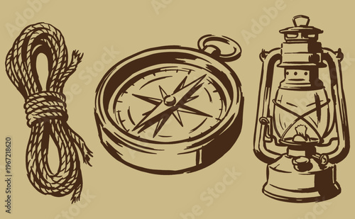 Wilderness explorer gear. Adventure travel vintage print design. Compass, rope and lantern illustration for camping club artwork.