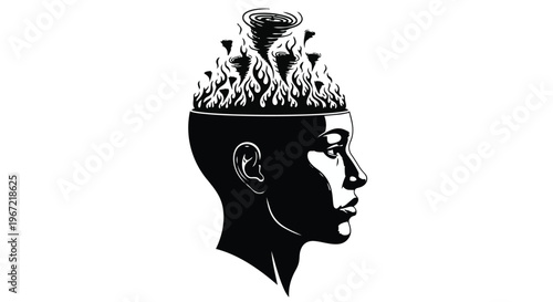 Conceptual illustration of a human head with a mind full of fire and tornadoes