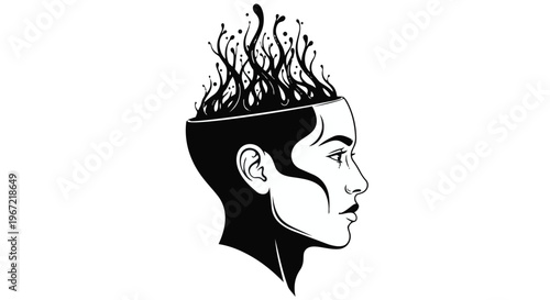 Abstract illustration of a human head with fluid thoughts emerging from an open mind