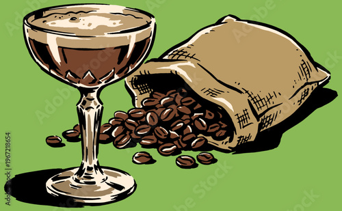 Fresh roasted coffee club. Vintage espresso martini artwork. Coffee beans bag design for t-shirt print, poster, sticker, and other uses.