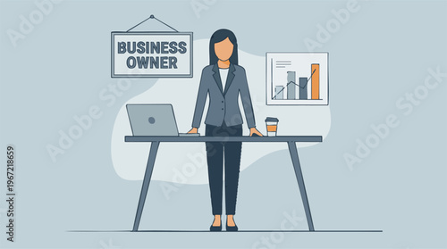 Female Business Owner Standing at Desk with Laptop and Growth Chart Illustration