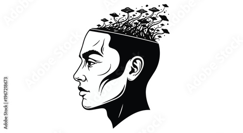 Surreal illustration of a human head with mushrooms growing out of the brain