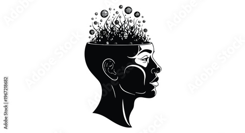 Abstract illustration of a human head with a mind full of disco balls and tangled lines