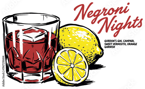 Classic cocktail night. Hand drawn illustration for poster, sticker, t-shirt design. Bitter red drink with citrus garnish artwork.