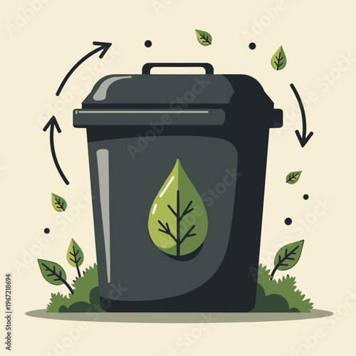 black trash bin with green leaf and arrows on light background for blogs, websites, clipart, stationery design, compost education and waste reduction, presentations and blogs, with copy space