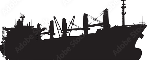 Black silhouette of a cargo ship with cranes white background