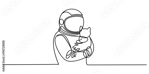 Minimalist One Line Drawing of an Astronaut Holding a Cat