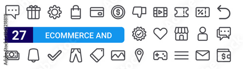 set of 27 thin line ecommerce and shopping icons such as chat balloon, money, gift box, bell alarm, tings, approved, shopping bag, pants, credit card. editable stroke vector illustration isolated on