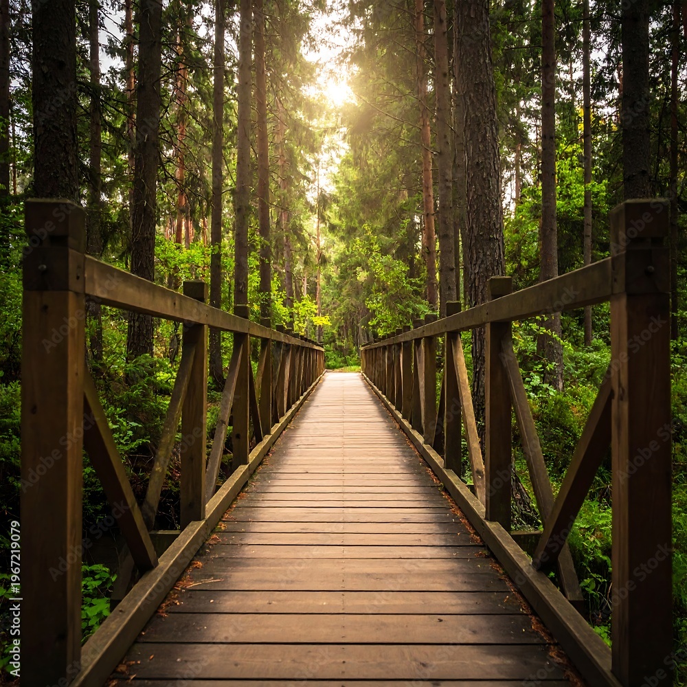 Fototapeta premium Serene forest path on a wooden bridge
