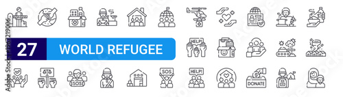 set of 27 thin line world refugee day icons such as border, social security, social justice, social justice, medicine, demonstration, refugee, woman, shelter. editable stroke vector illustration
