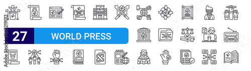 set of 27 thin line world press freedom icons such as political, hoax, access, democracy, blogging, digital, conflict, ethics, ownership. editable stroke vector illustration isolated on white