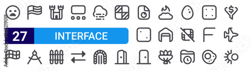 set of 27 thin line interface icons such as frown, flag checkered, flag usa, drafting compass, fort, fence, gallery thumbnails, exchange alt, fog. editable stroke vector illustration isolated on