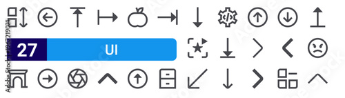 set of 27 thin line ui icons such as sort, archway, left, right, top, aperture, left, up arrow,. editable stroke vector illustration isolated on white