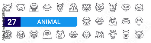 set of 27 thin line animal icons such as buffalo, lion, koala, beaver, walrus, rat, frog, eagle, camel. editable stroke vector illustration isolated on white