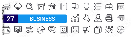 set of 27 thin line business icons such as shred, wallet, cloud, slide, search, interaction, money, pie chart, institution. editable stroke vector illustration isolated on white