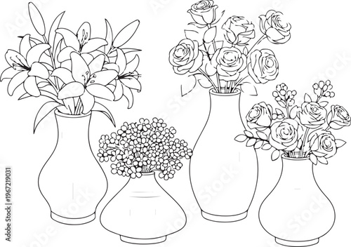 Elegant floral arrangement in vases a black and white sketch
