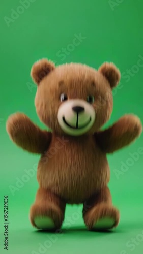 A brown teddy bear standing on a green background with a white space for text