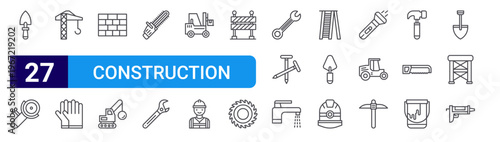 set of 27 thin line construction tools icons such as trowel, grinder, tower crane, gloves, bricks, demolition crane, chainsaw, wrench, forklift. editable stroke vector illustration isolated on white