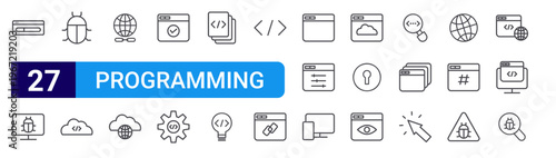 set of 27 thin line programming icons such as loading, computer bug, debug, cloud, website,, verified, configurations, coding. editable stroke vector illustration isolated on white