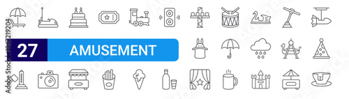 set of 27 thin line amusement park icons such as bed, hammer strength, bumper car, camera, cake, food stall, ticket, potato chips, train. editable stroke vector illustration isolated on white