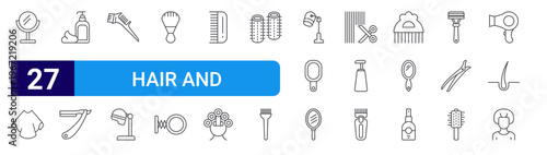 set of 27 thin line hair and barbershop icons such as mirror, hair salon, shampoo, razor, comb, hair salon, shaving, mirror, comb. editable stroke vector illustration isolated on white