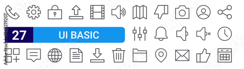 set of 27 thin line ui basic icons such as phone, menu, gear, chat, padlock, globe, upload, document, movie. editable stroke vector illustration isolated on white