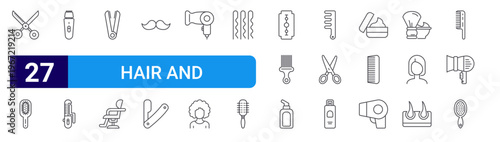 set of 27 thin line hair and barbershop icons such as scissors, comb, hair clipper, curling iron, curling iron, hair salon, mustache, razor, dryer. editable stroke vector illustration isolated on