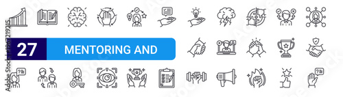 set of 27 thin line mentoring and training icons such as growth, question, homework, coaching, brain, key person, team, focus, experience. editable stroke vector illustration isolated on white