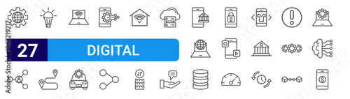 set of 27 thin line digital icons such as, connection, led light, wireless, autonomous car, smart technology, share, smart home. editable stroke vector illustration isolated on white